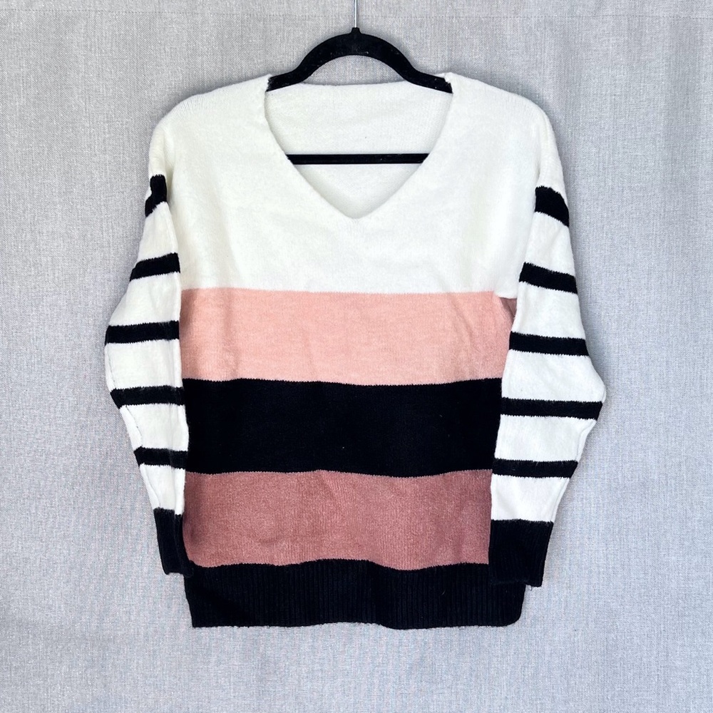 Striped V-Neck Sweater Black White and Pink Size S